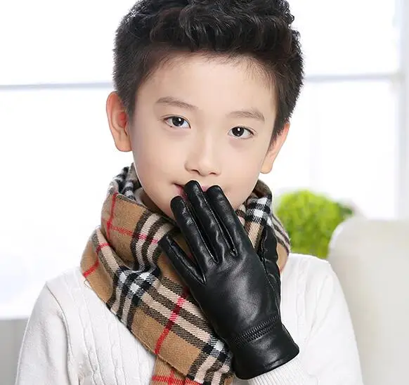 Children's autumn winter thicken warm fleece lining leather gloves boy girl kids natural sheepskin leather glove R1879 