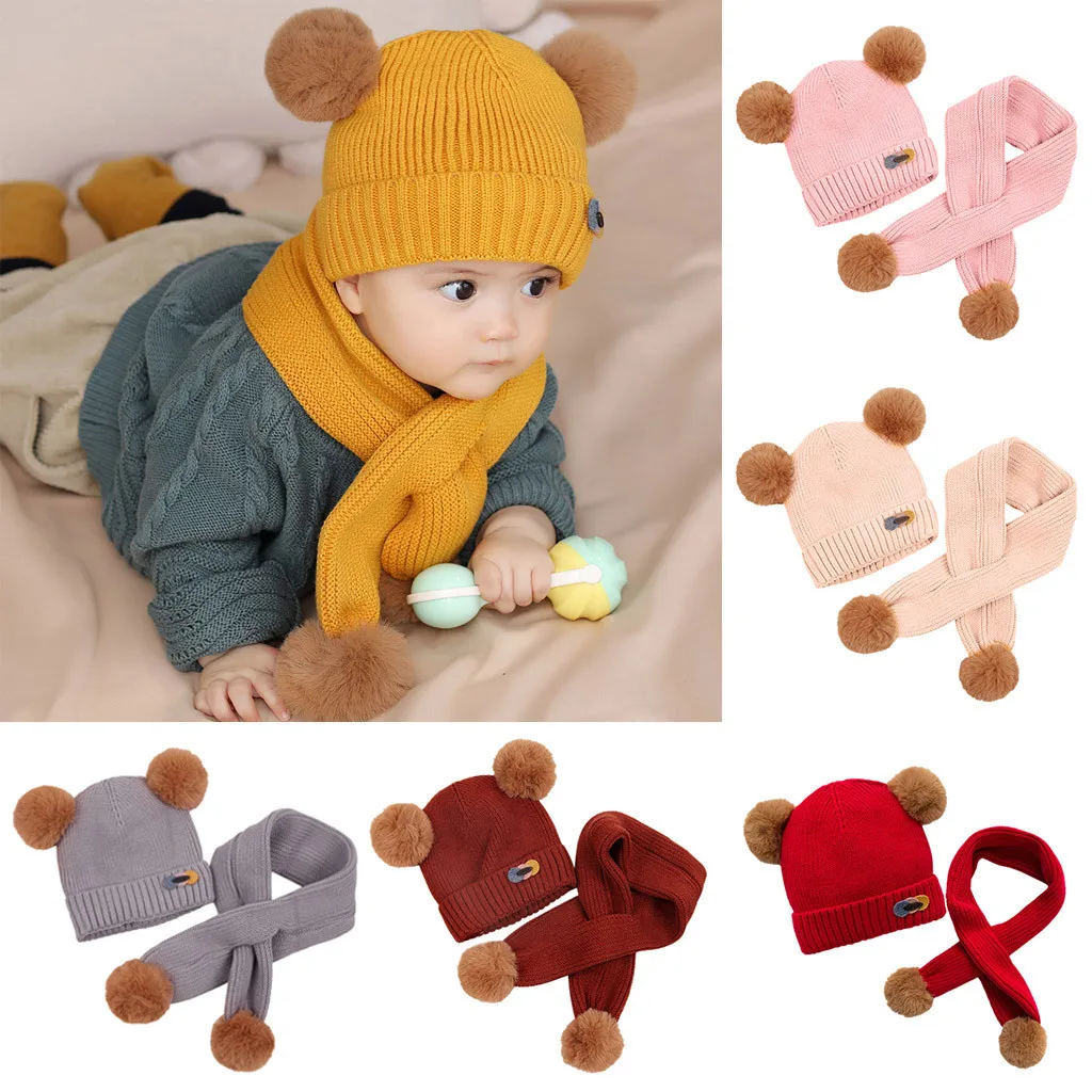 

2pcs Winter Children's Knit Hat Warm Solid Scarf Baby Wool Hat Two-piece Pompom newborn photography props baby hat bonnet enfant