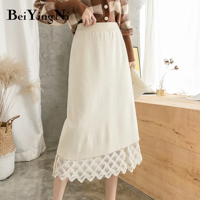 Beiyingni трикотажная юбка женская клетчатая эластичная винтажная миди-юбка с высокой талией Женская s кружевная Повседневная элегантная офисная линия
