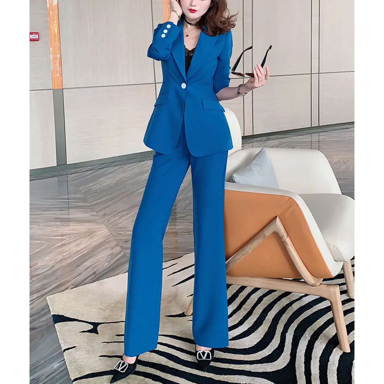 Royal Blue Women's Suit Two-piece (jacket + Pants) Autumn New