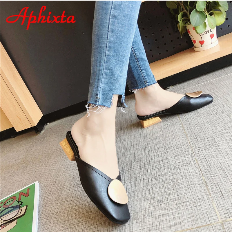 Aphixta/женские шлепанцы на квадратном каблуке; мягкая женская обувь с круглым металлическим квадратным носком; сезон лето-осень; большие размеры 43