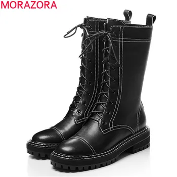 

MORAZORA 2020 new hot sale genuine leather ankle boots med heels round toe casual shoes fashion lace up women boots