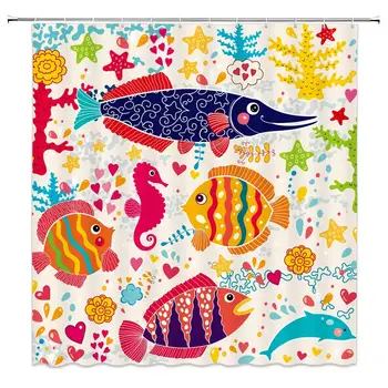 

Cartoon Underwater Shower Curtain, Cartoon Art with Fish Seahorse Starfish Dolphin Coral Underwater Life Kids, Fabric Bathroom