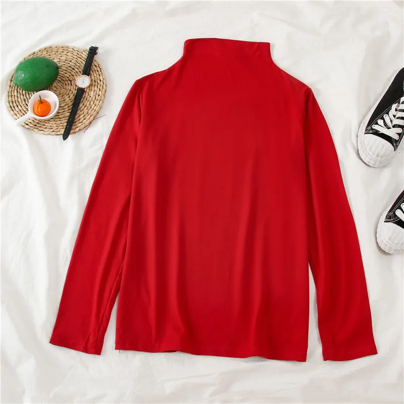 Женская футболка с высоким воротником GCAROL, эластичная футболка в полоску с длинными рукавами и спущенными плечами, без подкладки - Цвет: R Semi-high Collar