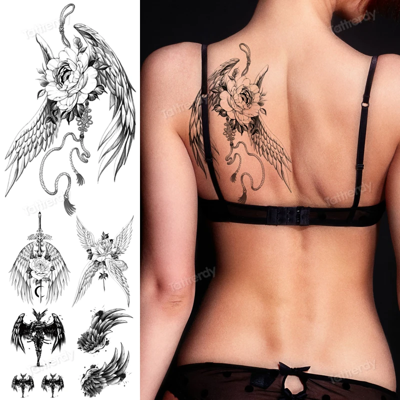 

Переводные искусственные татуировки с крыльями ангела, одноразовые водонепроницаемые временные наклейки, красивые женские и мужские сексуальные крутые боди-арт