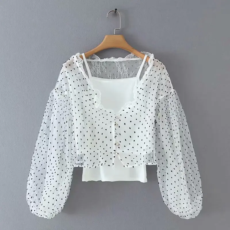 

women sexy embroidery casual lace smock blouse shirts women sweet ruffles lantern sleeve two pieces blusas femininas tops LS4255