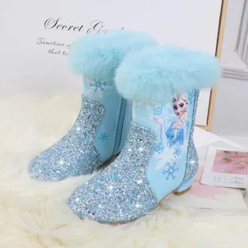

Disney New Elsa Mid-calf Boots For Girls Autumn Winter Warm Children Sequins Snow Shoes Frozen Boots With Mid-heeled Elsa Shoes