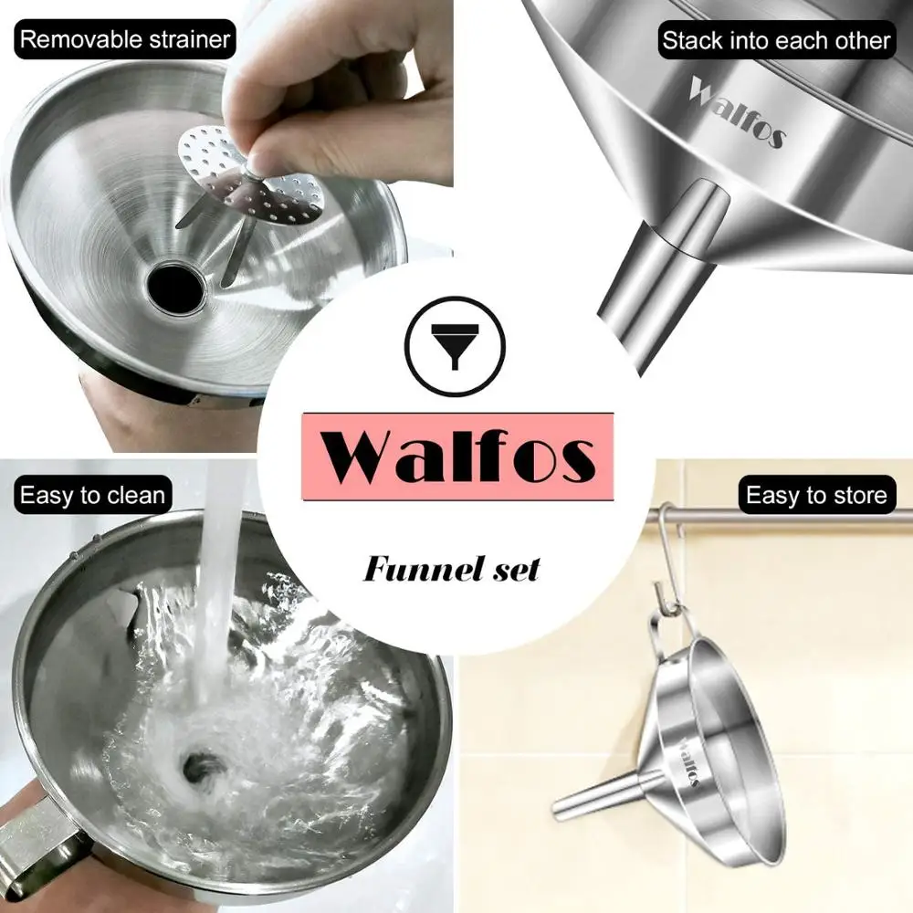 WALFOS 1pcs/3pcs stainless steel funnel kitchen oil funnel metal funnel with removable filter wide mouth funnel canning tool images - 6