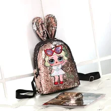 Стиль Прохладный блесток кукла рюкзак милые заячьи ушки "Радуга" Цвет школьная сумка Детский жакет из денима для девочки; сумка для отдыха