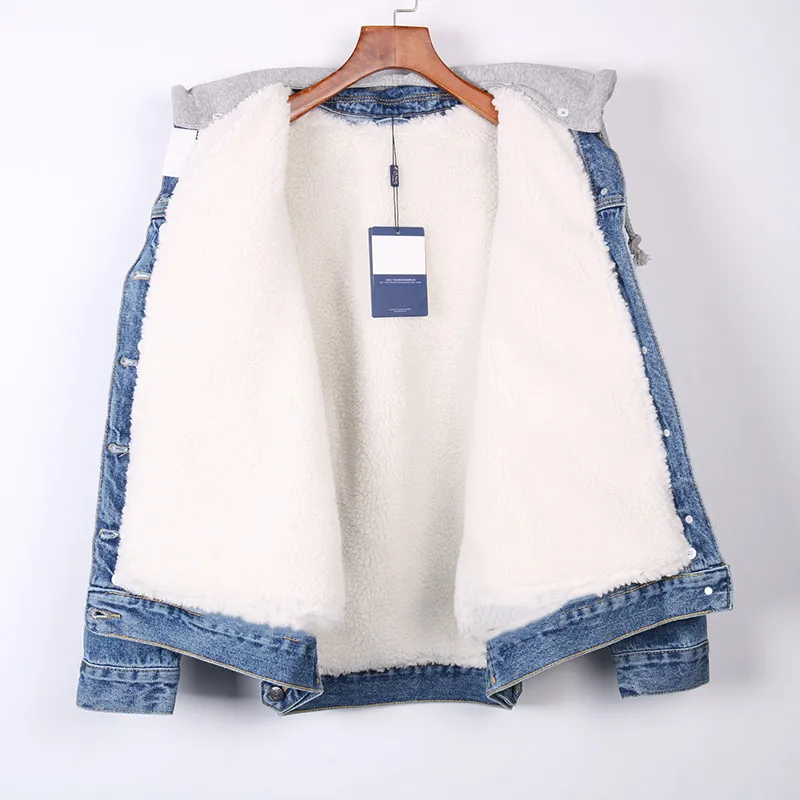 Зимнее джинсовое пальто со звездами в стиле знаменитостей с начесом и толстой овечьей шерстью, женское Свободное пальто с капюшоном в Корейском стиле