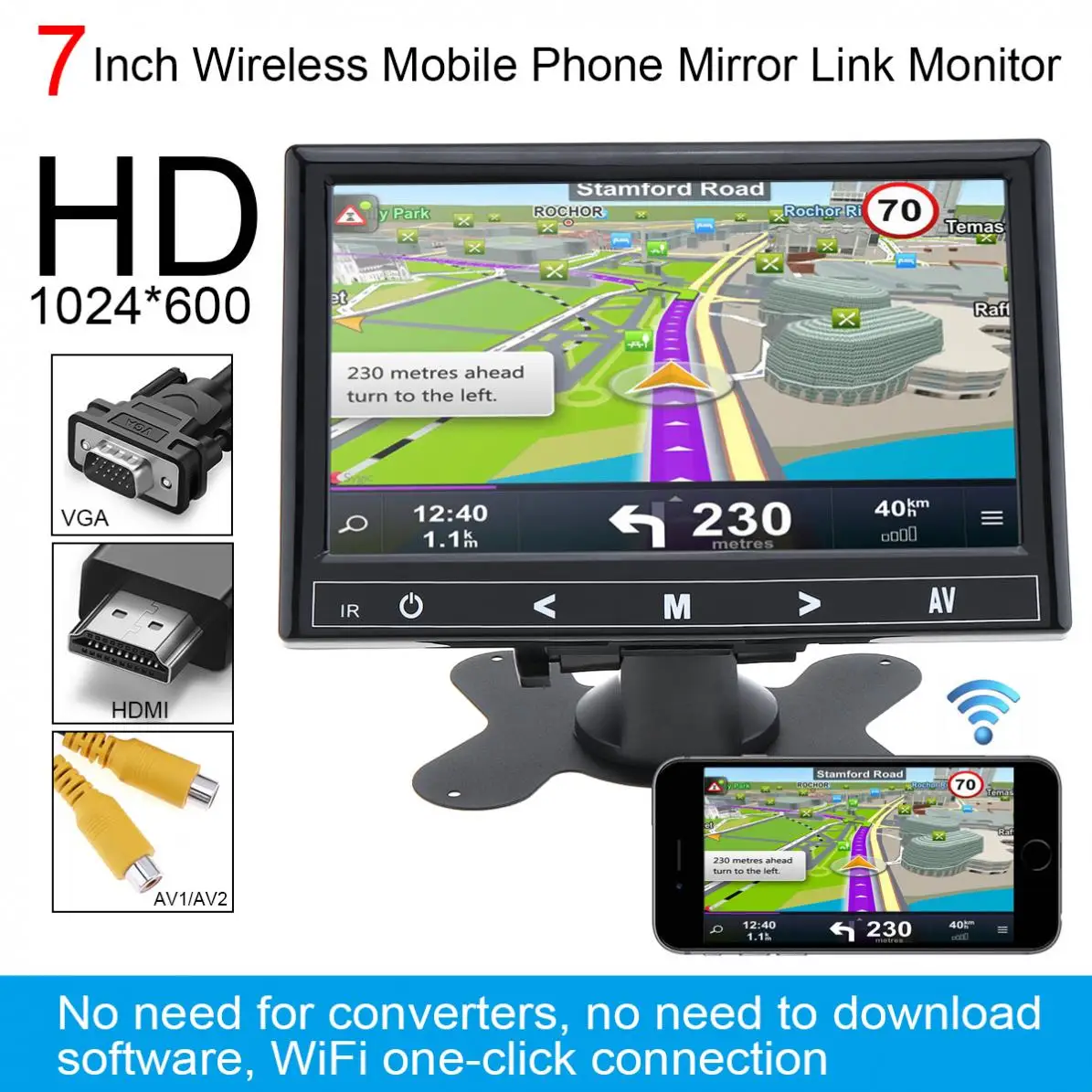 

7 Inch HD IPS 1024*600 TFT LCD Color Multifunction Car Headrest Monitor HDMI / VGA / AV / Wireless Mobile Phone Mirror Link