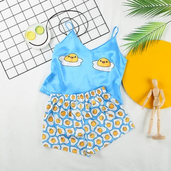 

HECHAN Cartoon Egg Print Female Pajamas With Shorts Blue Satin Women Pajamas Sexy Strap Sleeveless Top Home Suit Sleepwear Set
