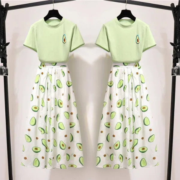 

Hipster WOMEN'S Suit Summer Avocado Printed T-shirt + High-waisted Pleated Longuette Playful Western Style Two-Piece Set