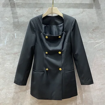 

Square Collar Long Sleeve Suit Mini Dress Women Fashion 2020 Autumn High-end Desigan Gold Buckle Blazer Jacket Short Dresses New
