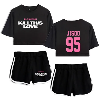 

New Kpop Blackpink Kill This Love Two Piece Set Women Fashion Summer Clothes Mini Sexy T Shirt Two Piece Set Top+Pants Crop Tops