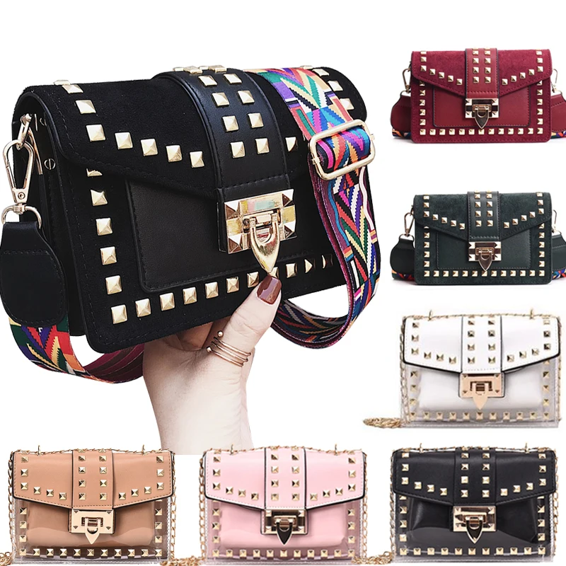 

Small clear Brand Designer Woman 2019 New Fashion Messenger Bag Chains Shoulder Bag Velvet Rivets Transparent Square PU Handbag