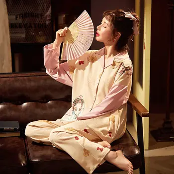 

2020 Winter Women Pajama Set Chinese Style Peking Opera Cute Comfortable Long Sleeves Homewear Large Size Cardigan Pajamas Set