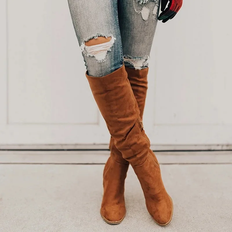 

Long Winter Shoes Women Boots High Heel Solid Knee-High Thick Ladies Shoe 2019 New Casual Square Heel Woman Boots Winter