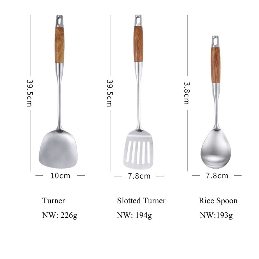 

6Pcs/Set Wood Handle 304 Stainless Steel Cooking Tool Sets Turner Rice Spoon Pasta Server Kitchenware Utensil Accessory Cookware