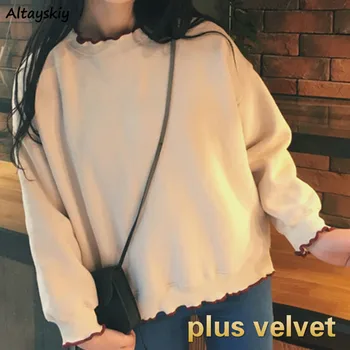 

Hoodies Women Solid Plus Velvet Long Sleeve O-Neck Loose Korean Chic Kawaii Lovely Womens Daily All-match Vintage Streetwear New