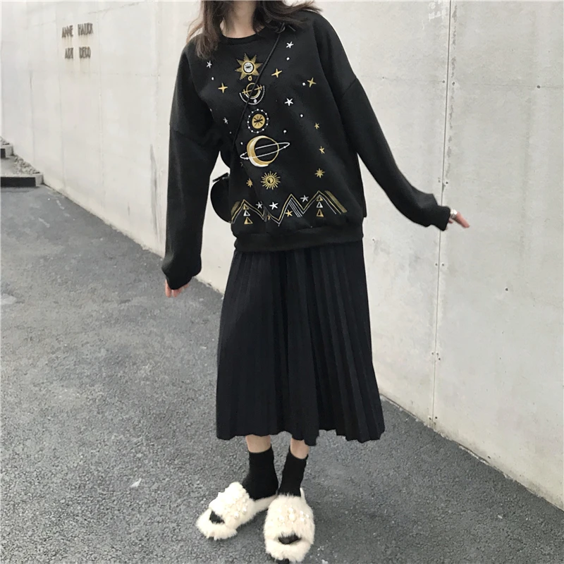 Толстовка Женская звездное небо Вышивка пуловер с длинным рукавом Свободные повседневные женские модные черные толстовки осень уличная