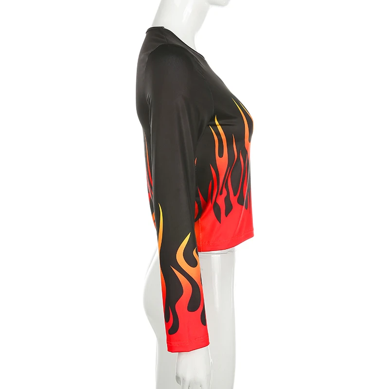 Darlingaga, готический принт с пламенем, футболка с длинным рукавом, женская уличная одежда в стиле панк, огненный укороченный топ, осенние женские футболки, футболка для женщин