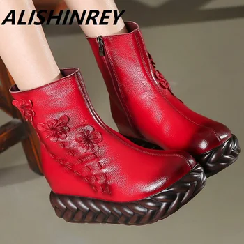 

2020 Winter National Style Women Genuine Leather Ankle Shoes Flat Vintage Lady Shoes Thick Bottom Casual Velvet Women's Boots