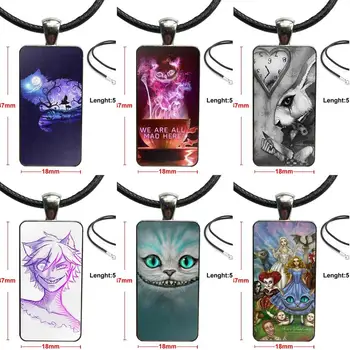 

For Women Children We Are All Mad Here Alice Cat Design Fashion Vintage Glass Women Rectangle Necklace Pendants