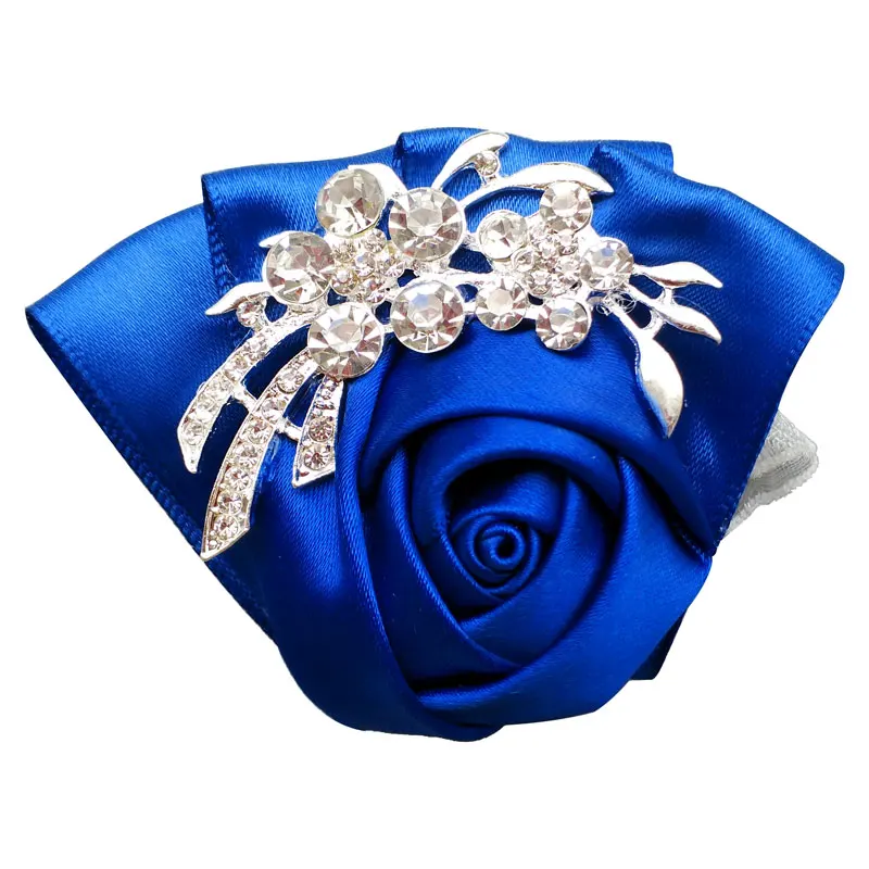 royal blue 3 шт./лот Королевский Синий Атлас Роза бутоньерка на запястье для подружки невесты Свадебный Хрустальный Браслет из цветов ручной цветок свадебные аксессуары SW001 - Цвет: royal blue