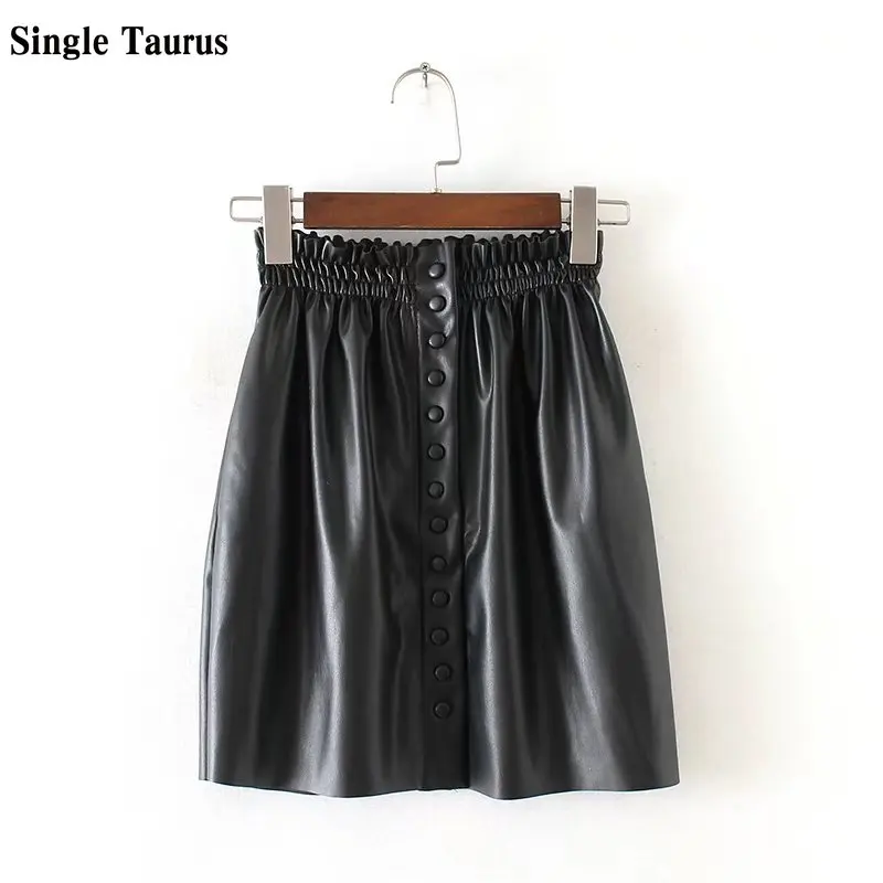 

Woman Leather Mid Skirts Autumn Leather Women Clothing Elastic Waist Single Row Buttons PU Korean Black Streetwear Faldas Mujer