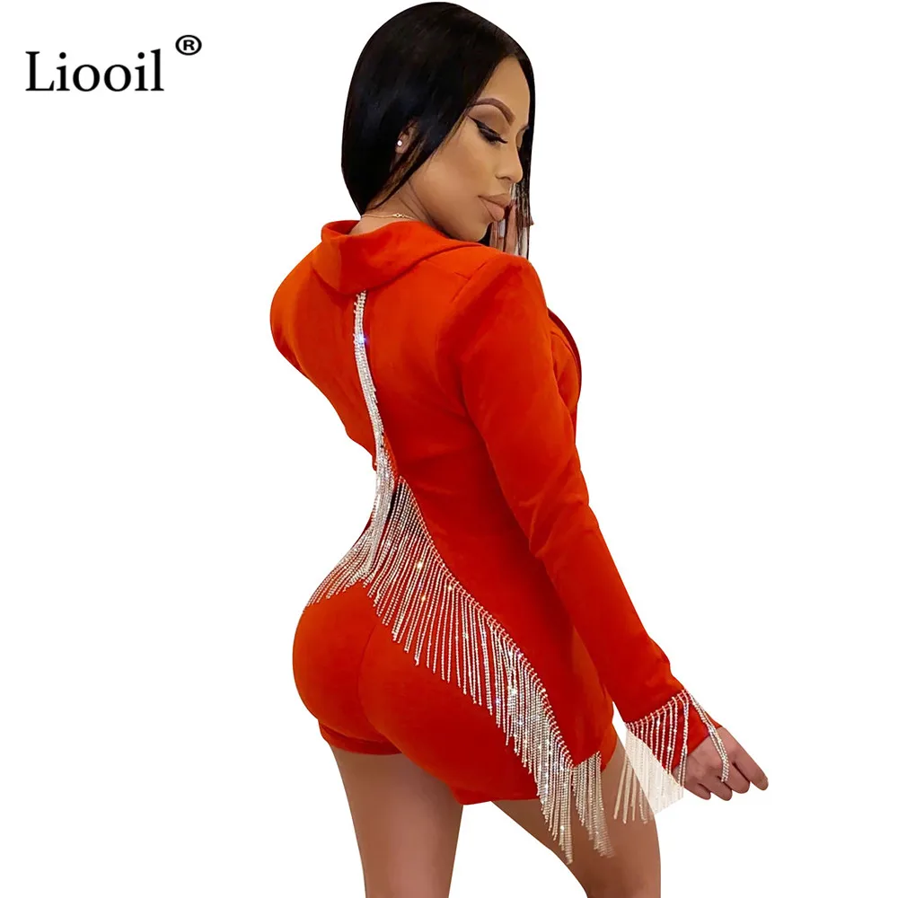Liooil, с разрезом сзади, с кисточками, комплект из двух частей, для ночного клуба, вечерние наряды для женщин,, с длинным рукавом, v-образный вырез, сексуальные Пиджаки и шорты, костюм, наборы