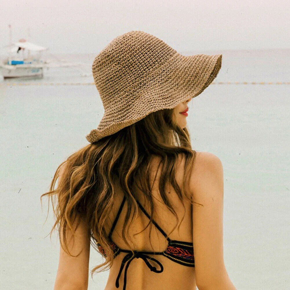 

Simple Girl Raffia Sun Hat Wide Brim Floppy Summer Hats For Women Beach Panama Straw Dome Bucket Hat Femme Shade