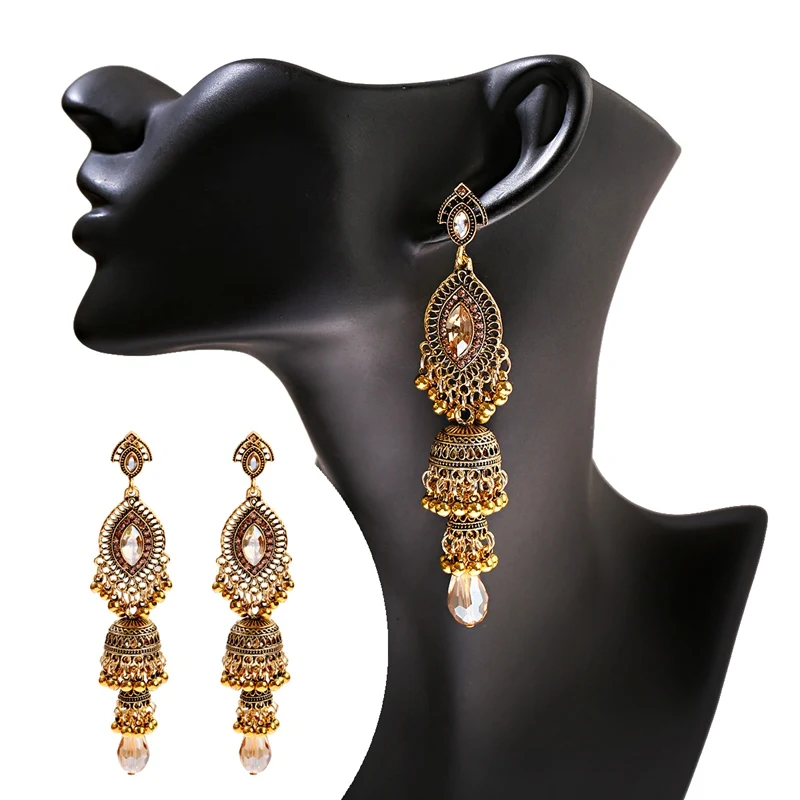 TopHanqi индийский Jhumka Jhumki Женский Золотой Серебряный Длинный хрустальный бисер сглаза висячие серьги Бохо Цыганский родовой ювелирные изделия