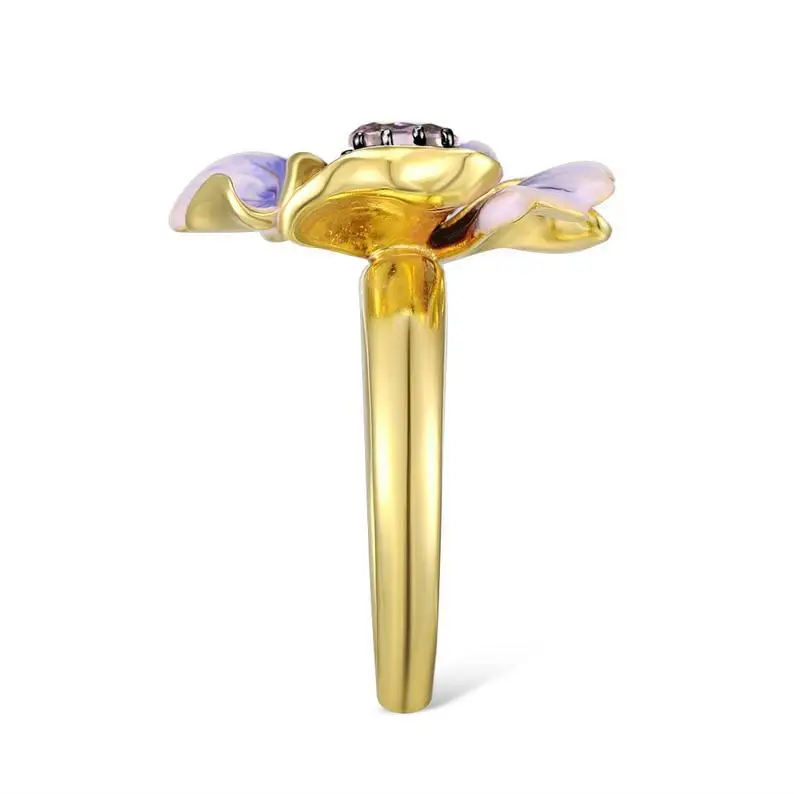 Элегантные Свадебные обручальные кольца из желтого золота с бутонами цветов, комплекты из серег и ожерелий для женщин, изысканные ювелирные изделия ручной работы с фиолетовой эмалью