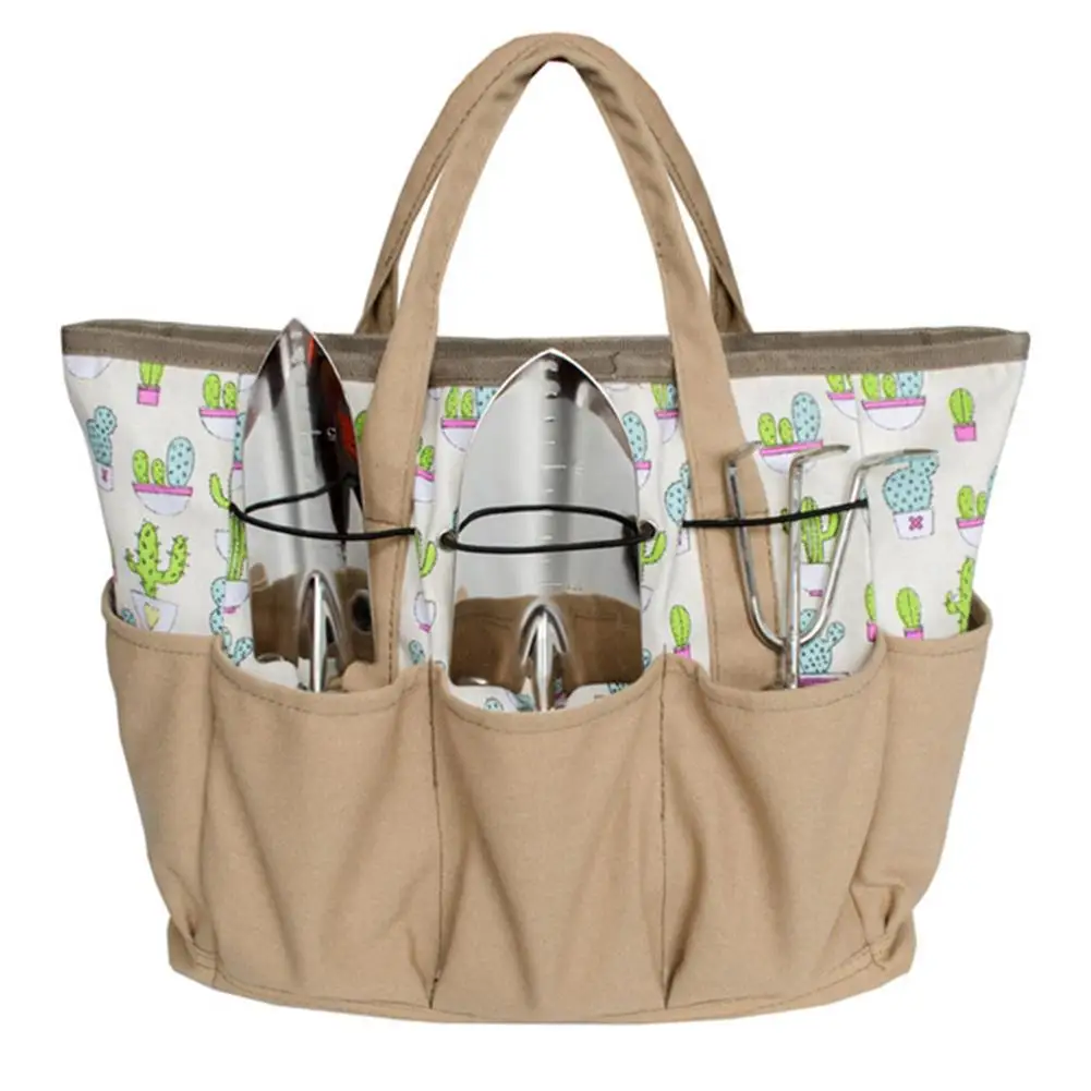 Garden Tool Storage Bag Cactus Pattern Canvas Outdoor Multi Pocket Gardening Tool Organizer Tote Bag Carrier