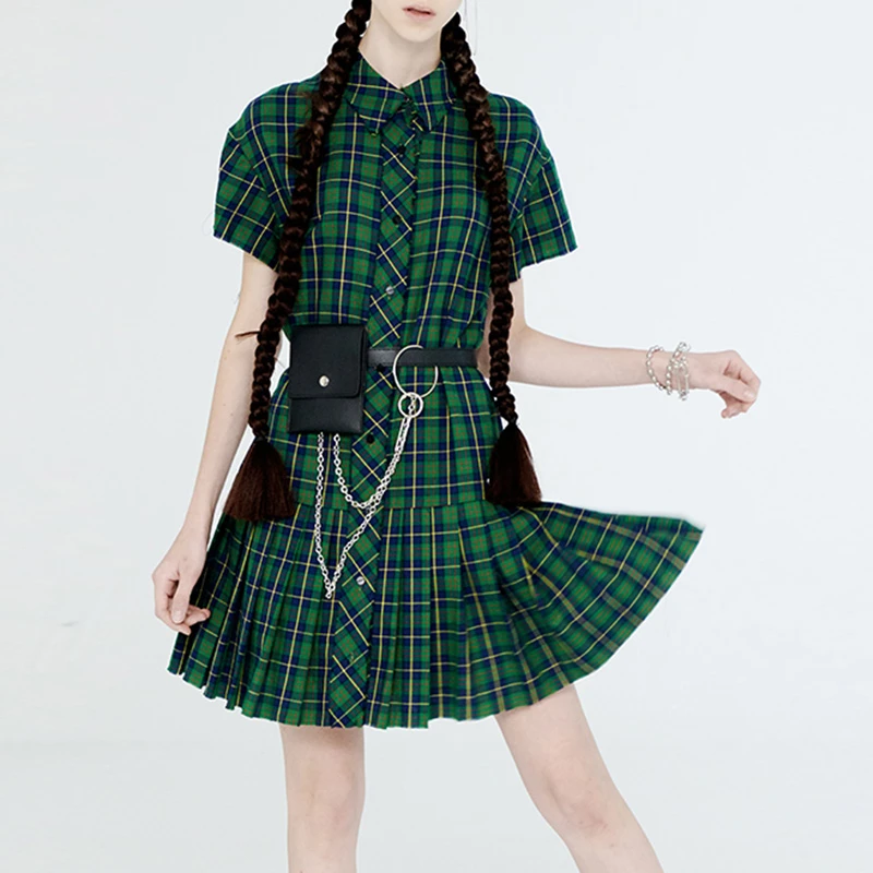 Green plaid dress women Clearance