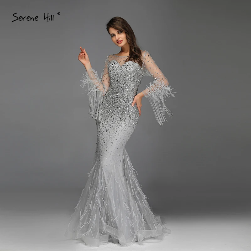 Серебряные вечерние платья с блестками и перьями из Дубая с круглым вырезом и длинными рукавами, блестящие вечерние платья BLA60912