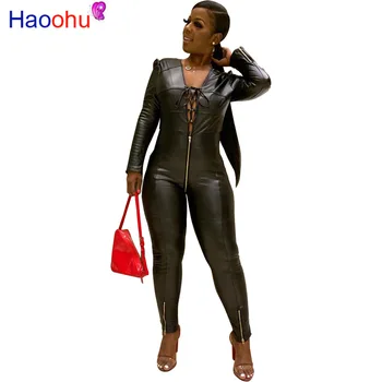 

Sexy Lace Up PU Leather Rompers Womens Jumpsuit Long Sleeve Black Bandage Playsuit Bodycon Front Zipper Party Club Bodysuits