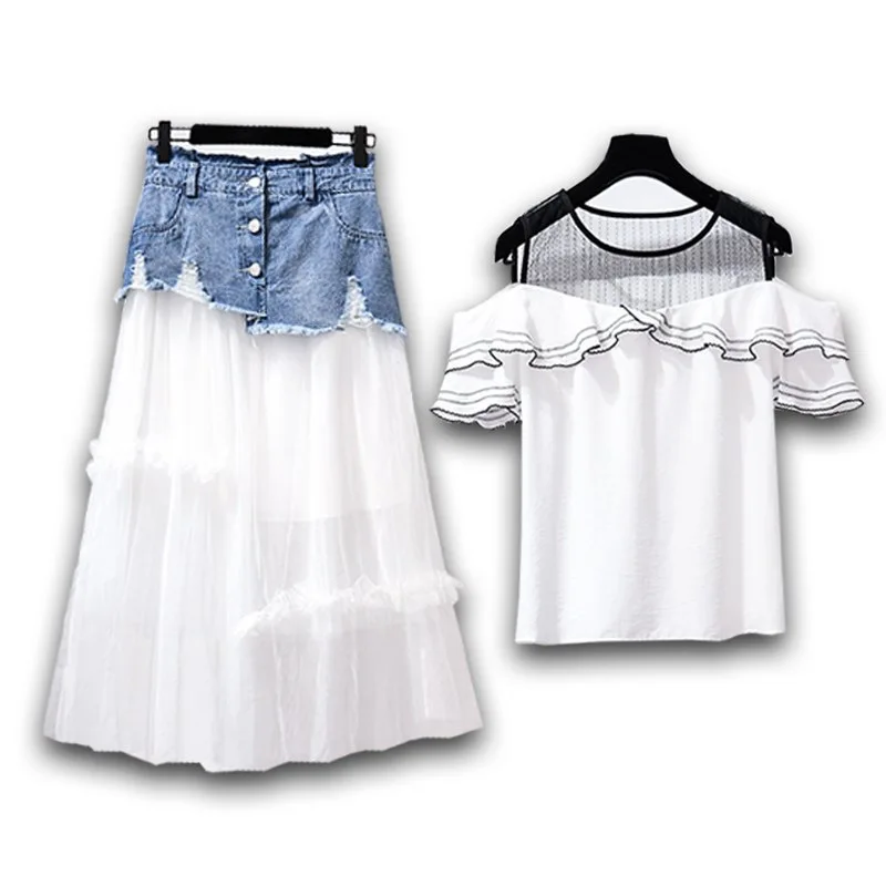 ICHOIX/женский комплект 2 шт., S-XL, элегантная сетчатая юбка, комплект с открытыми плечами, топы, комплект из 2 предметов, корейский стиль, летний комплект, праздничная одежда