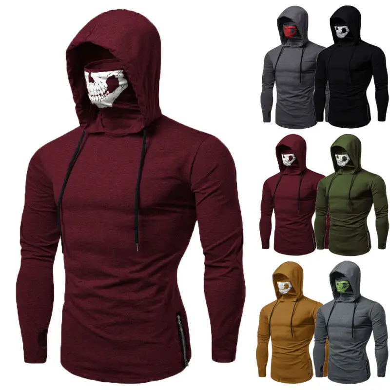 Men's Drawstring Zipper Skull Mask Hoodie Sweatshirt Hooded Tops Streetwear New Fashion Plus Size