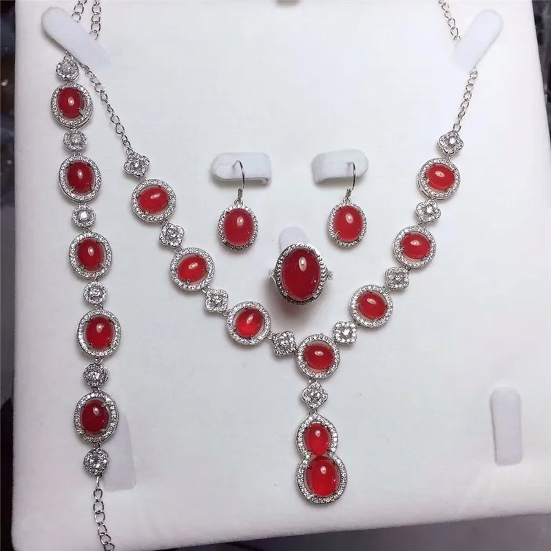 LETSFUN Fine Jewelry 925 серебро инкрустированный природный красный халцедон кулон ожерелье кольцо браслет серьги набор подарки