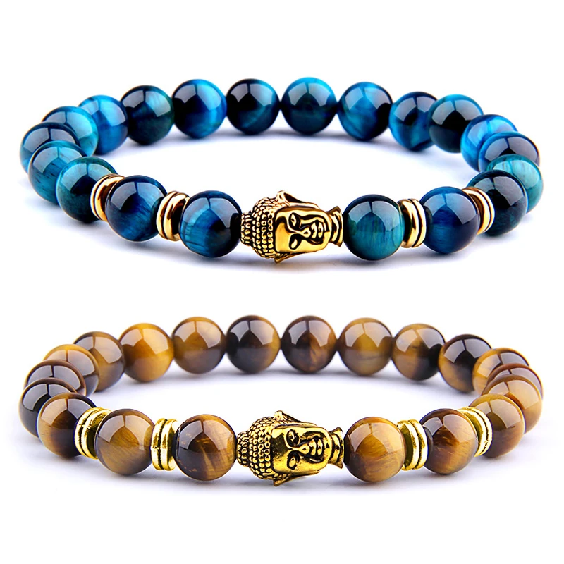 

Fashion AAA Royal Blue Tiger Eye Men's Bracelet Beads Natural Stone Buddha Stretch Charm Bracelets for Women Men Jewelry 2020
