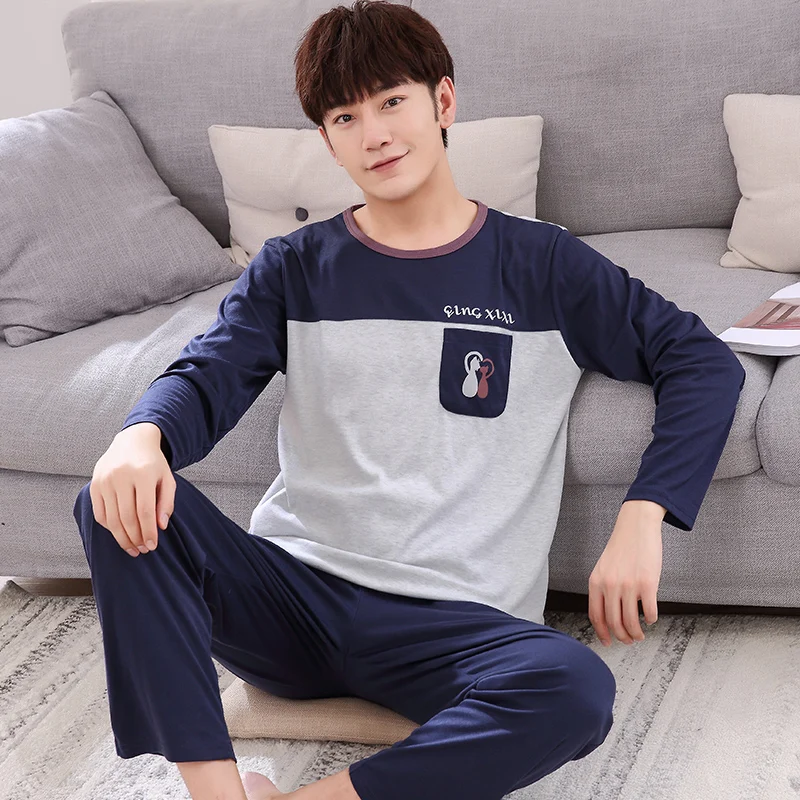 pyjama homme Autumn Winter Long Men's Cotton Pajamas Letter Striped Sleepwear Cartoon Pajama Sets Casual Men Pyjamas Plus Size 4XL Pijama mens silk pajamas