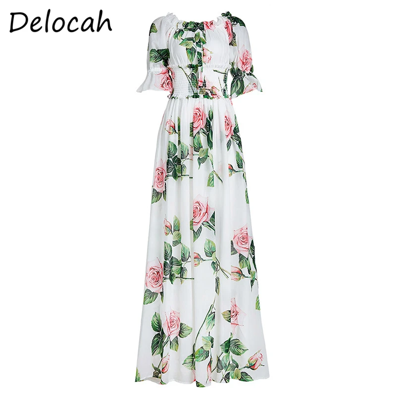 

Delocah Women Summer Fashion RunwayÂ Maxi Dress Half Sleeve Ruffles Floral Print Elastic Waist Holiday Elegant Party Dresses 2020