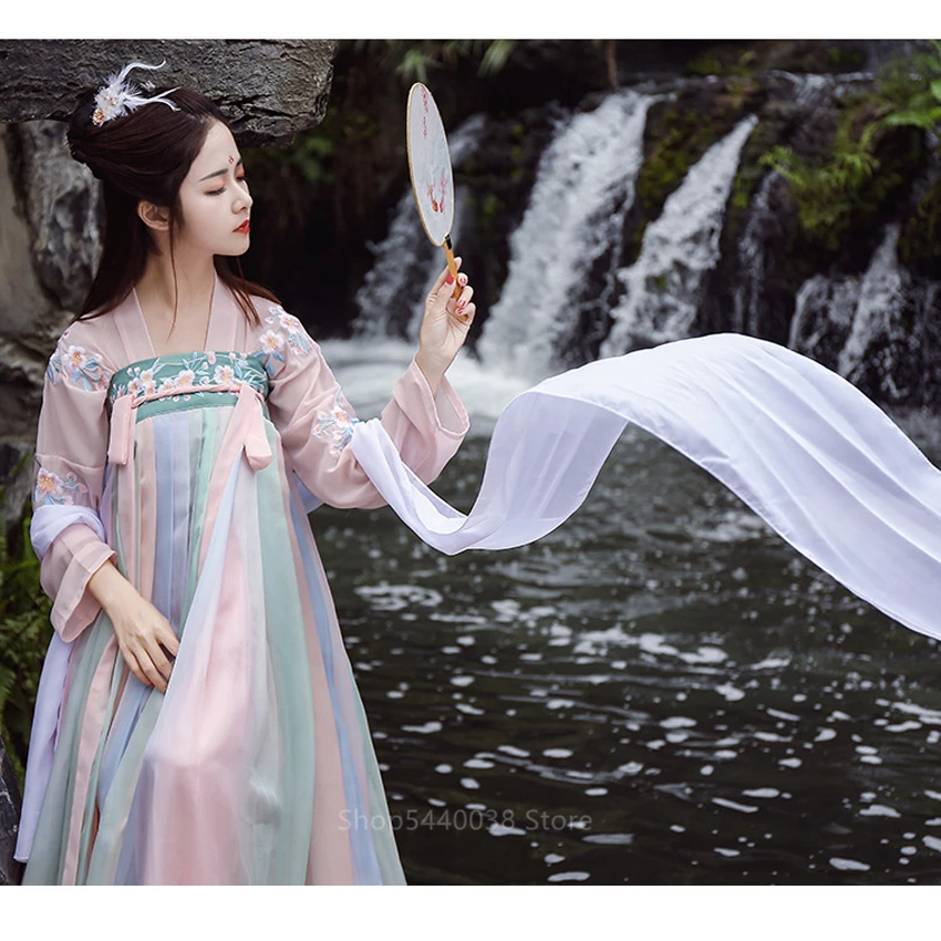 Hanfu Женский костюм для китайского традиционного танца, костюмы древней феи, элегантное платье с вышивкой в народном стиле, ретро, для сцены, новогодний, праздничный наряд