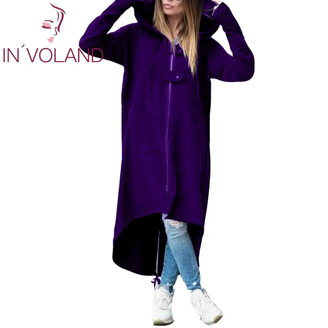 IN'VOLAND/женские пальто больших размеров, повседневные тонкие осенне-зимние однотонные с капюшоном и длинным рукавом, асимметричный подол, молния, длинный жакет Женская верхняя одежда