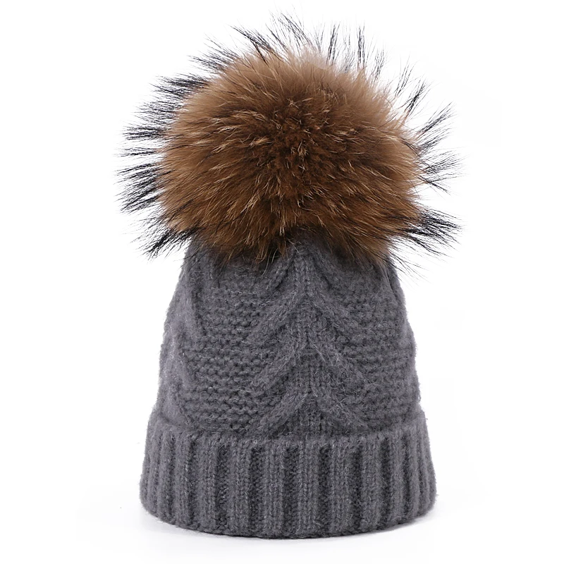 Вязаная шапка с помпоном Skullies Beanies для девочек, женская зимняя вязаная шапка, шерстяная теплая хлопковая шапка, Повседневная однотонная женская шапочка - Цвет: F