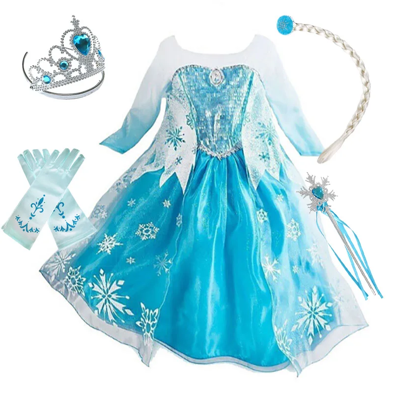 Girl Princess Dress Cosplay Elsa Costume Fancy Dress Kid Halloween Carnival Snow Queen Elza Clothing Party Blue Dress Girls Gift - Color: Elsa Set 6