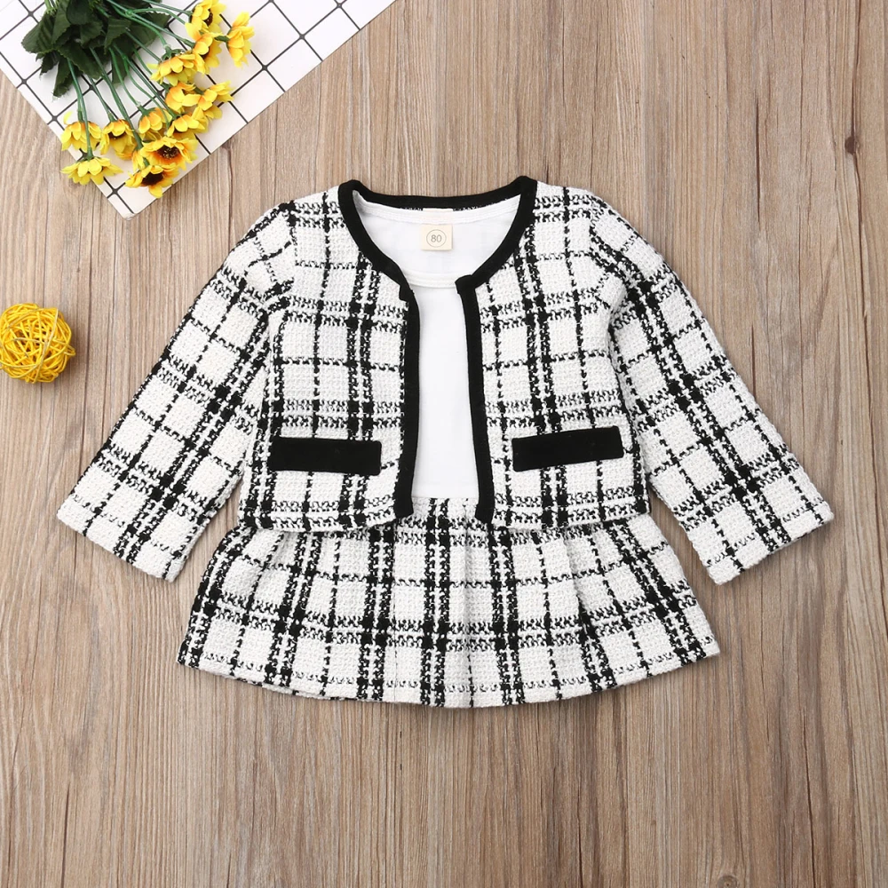 Baby Girls Suits Clothes Sets Spring  Fashion Birthday Long Sleeve Plaid Coat Tops+Dress 2PCS Party Warm Outfit 1-6Y A0014