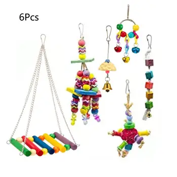 

6 Pcs/set Parrot Color Wooden Blocks Tearing Toy Birds African Grey Cockatoos Perched Swing Hanging Toys